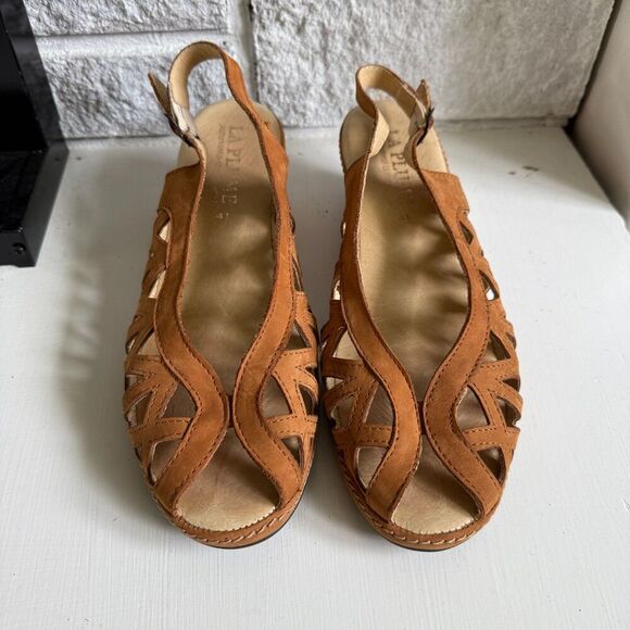 La Plume Leather Cutout Strappy Sling Back Suede Wedge Sandals Heels EU 41/US 10 - Picture 3 of 8